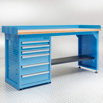 Werkbank PRO - bamboe werkblad - 6 lades - 200 cm - blauw