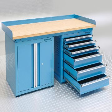 Werkbank PRO 150 cm met ladenkast en gereedschapskast - blauw
