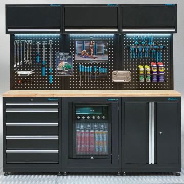 Werkplaatsinrichting PREMIUM eiken werkblad met koelkast – 204 cm breed