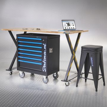 Industriële werktafel 160 cm, werkplaatskruk en gereedschapswagen