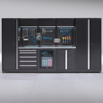 Werkplaatsinrichting PREMIUM RVS werkblad met koelkast – 354 cm breed