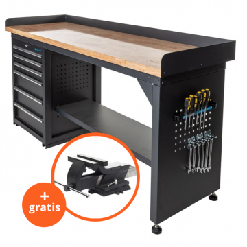 Werkbank PRO - bamboe werkblad - 200 cm - zwart + bankschroef