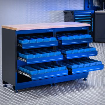 Werkbank PREMIUM eiken werkblad met opbergbakken – 136 cm