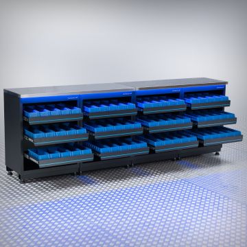 Werkbank PREMIUM RVS werkblad met opbergbakken – 272 cm
