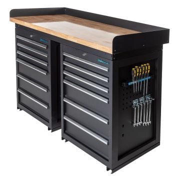 Werkbank PRO met eiken werkblad en 12 lades - 150 cm