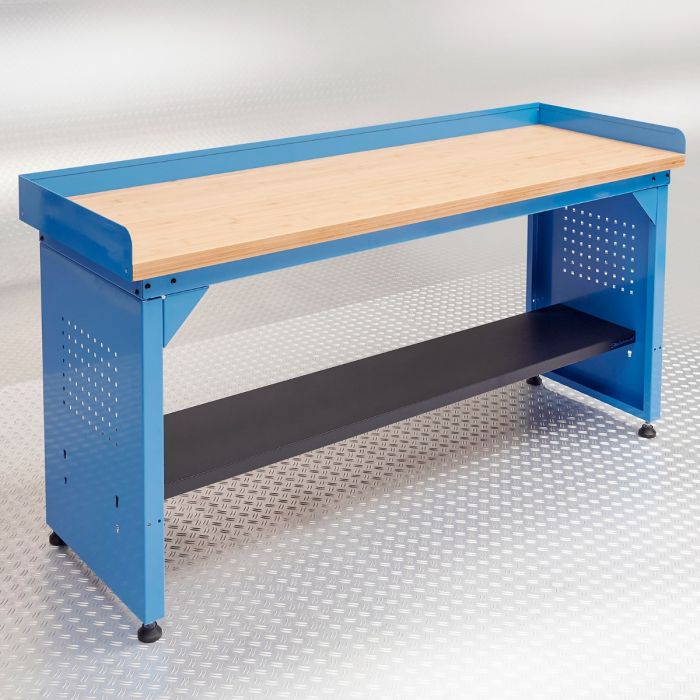 Werkbank PRO blauw met bamboe werkblad - 200 cm + bankschroef met extra brede klem