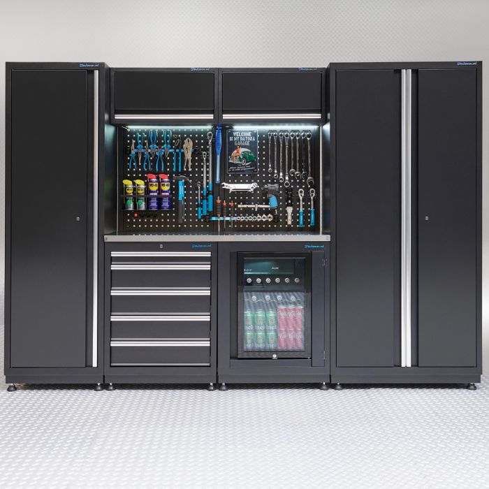 Werkplaatsinrichting PREMIUM RVS werkblad met koelkast – 285 cm breed