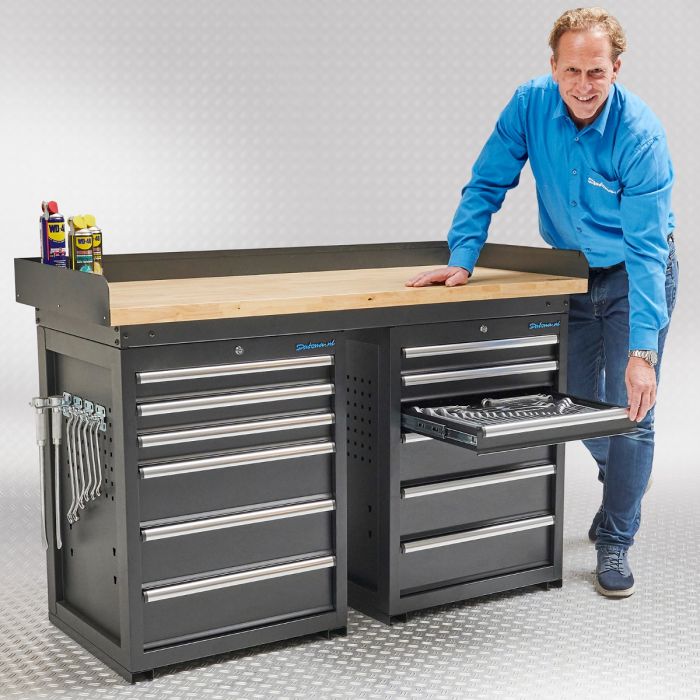 Werkbank PRO met eiken werkblad en 12 lades - 150 cm