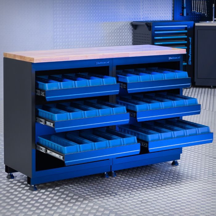Werkbank PREMIUM eiken werkblad met opbergbakken – 136 cm