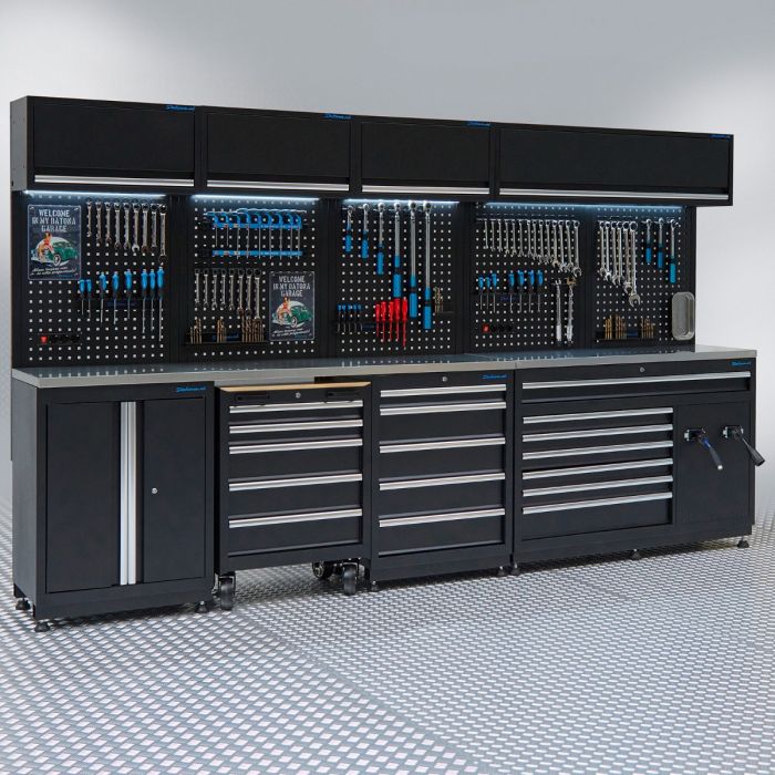 Werkplaatsinrichting PREMIUM met RVS werkblad en extra brede lades - 340 cm breed