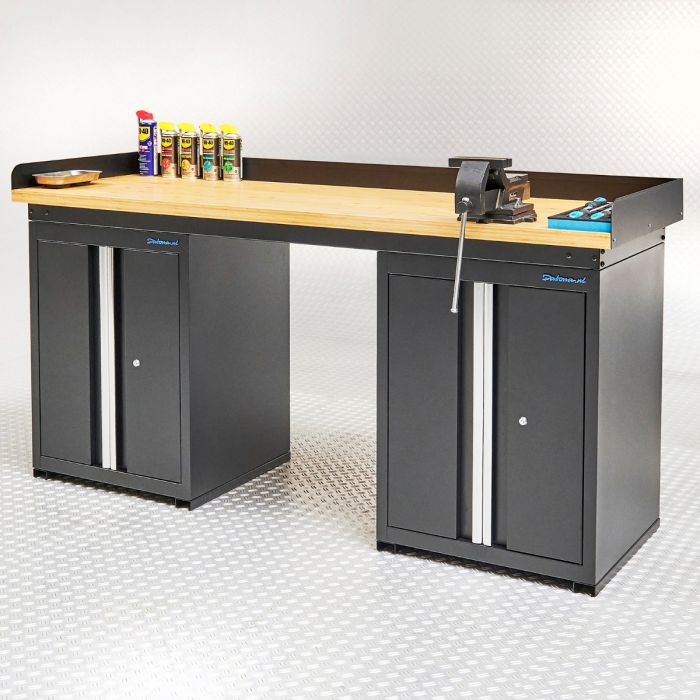 Werkbank PRO eiken - 2 opbergkasten - 200 cm - zwart